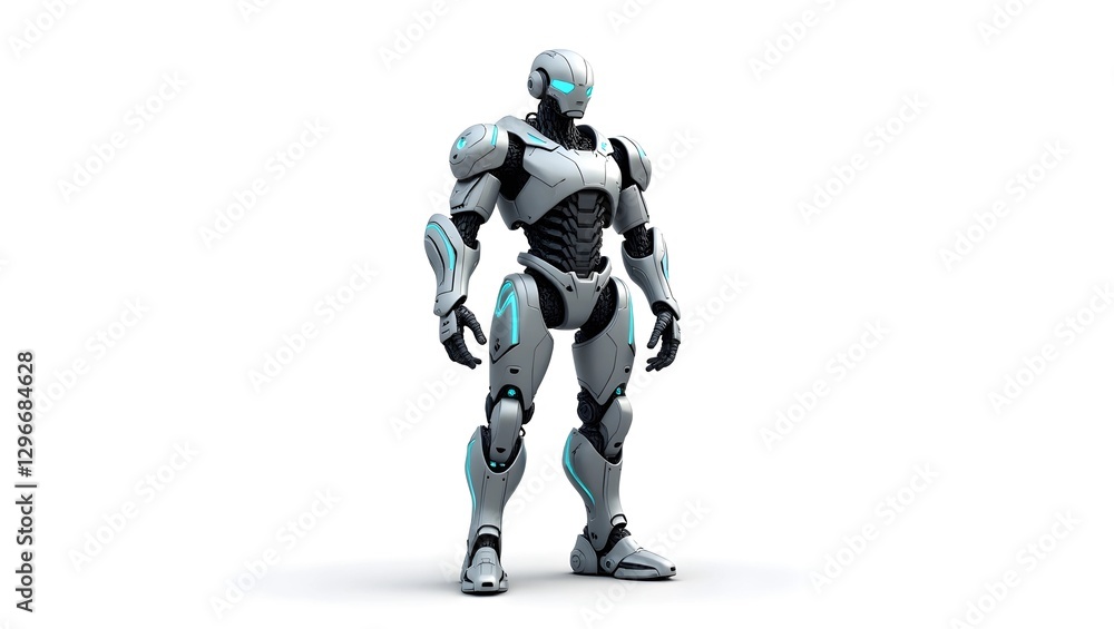 A robot stands confidently against a clean white background, showcasing its sleek design and modern features. A robot stands confidently against a clean white background, showcasing its sleek design and modern features.