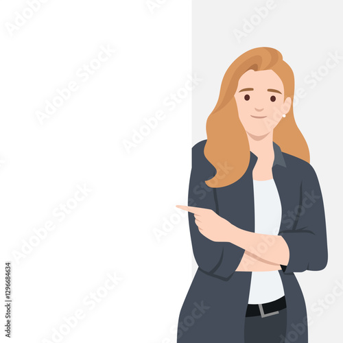 Young woman smiles while pointing towards a blank space, ideal for text or design placement. Flat vector illustration isolated on white background