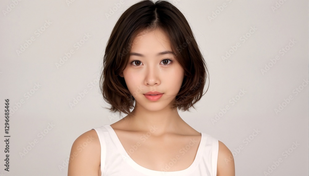 Portrait of a young Asian woman with short brown hair and wearing a white tank top. Portrait of a young Asian woman with short brown hair and wearing a white tank top.