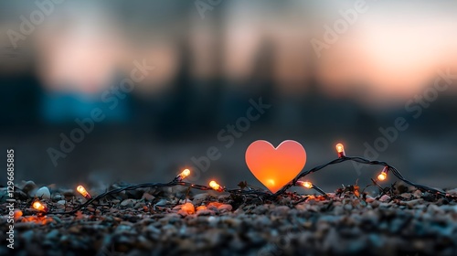 Twinkling heart shaped fairy lights against a moody hazy landscape with a dreamy pink glow in the middle creating a romantic cozy and ethereal atmosphere