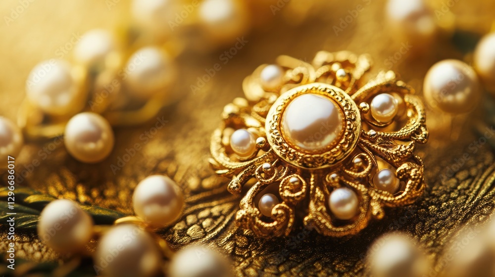 Baroque-style brooch with pearls and gold filigree set against a golden background Baroque-style brooch with pearls and gold filigree set against a golden background