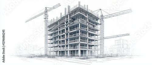Architectural drawing of a skyscraper under construction in isometric view, with scaffolding and cranes in the background
