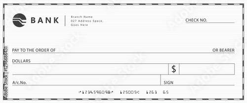 Bank check, vector blank money cheque, checkbook template with guilloche pattern and fields. Currency payment coupon, money check background
