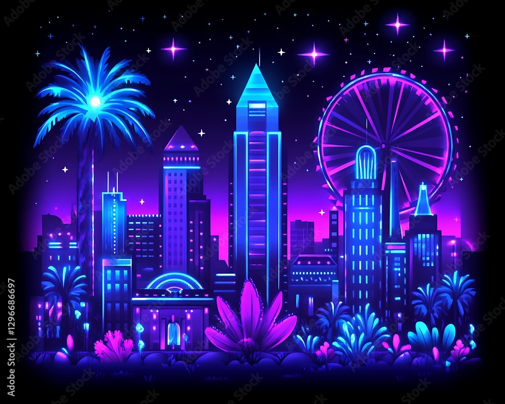 Fototapeta premium Neon city skyline at night illustration for background