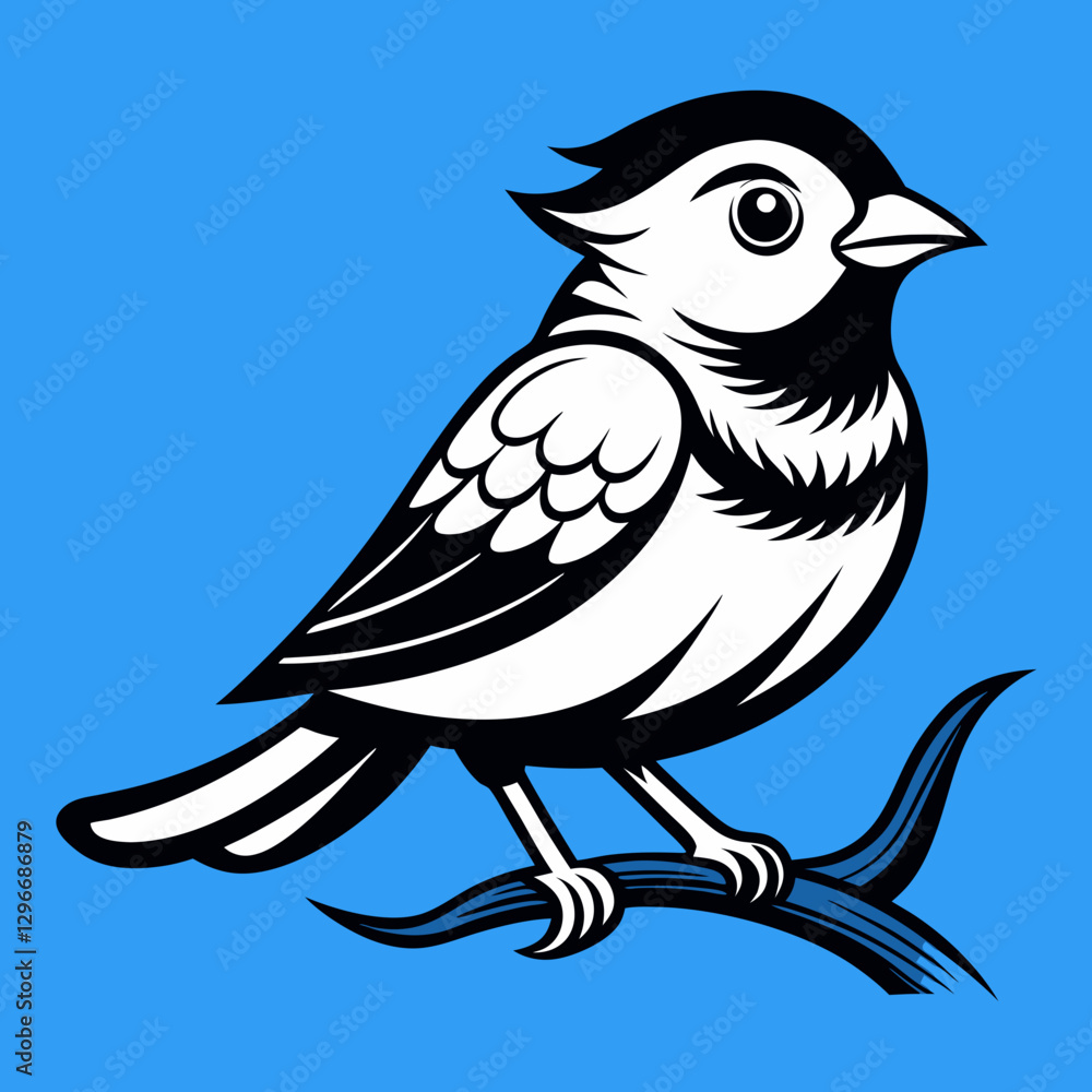 Fototapeta premium Cute Cartoon Bird Perched on Branch with Expressive Eyes and Simple Design