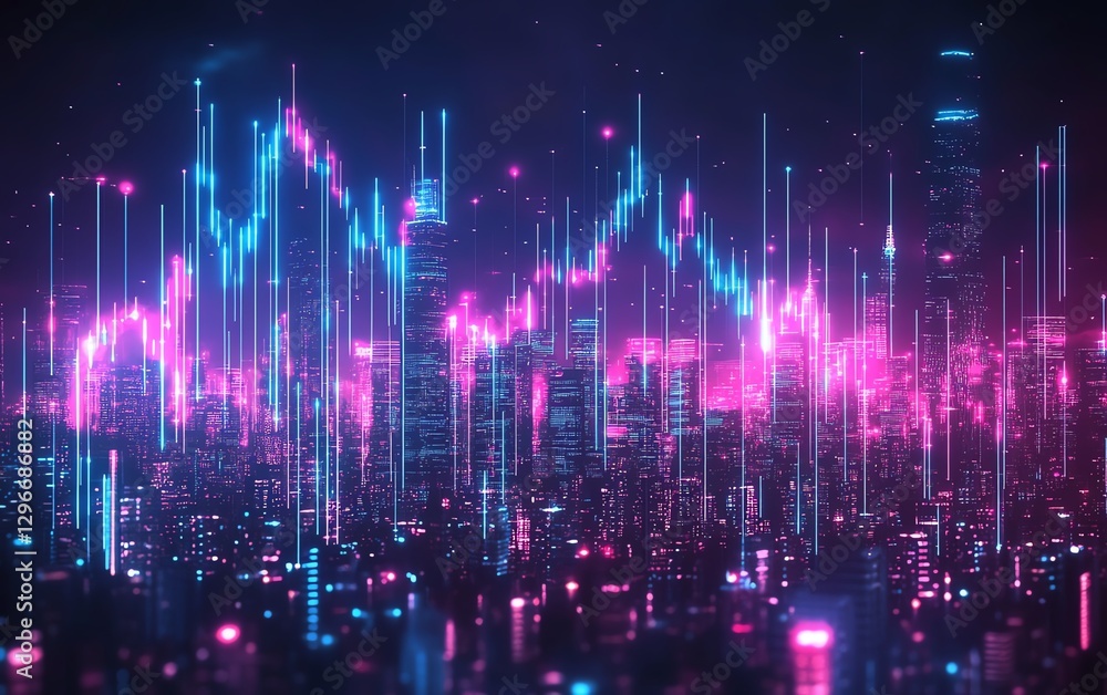 Abstract financial graph glowing with bluepink neon, rising against futuristic city skyline, visualizing economic growth, investment trends, and global market analysis ar 169 Abstract financial graph glowing with bluepink neon, rising against futuristic city skyline, visualizing economic growth, investment trends, and global market analysis ar 169