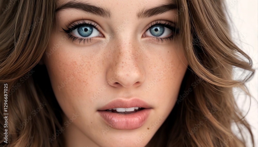 Portrait of a young woman with blue eyes and freckles. Portrait of a young woman with blue eyes and freckles.