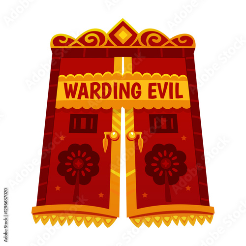Chinese door with warding evil typography, flat illustration