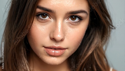 Wallpaper Mural A close-up portrait of a young woman with long brown hair and brown eyes, showcasing her natural beauty. Torontodigital.ca