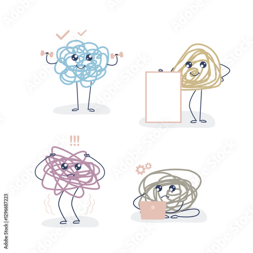 Set of messy chaos mascots with positive and negative emotions. Good and bad mood or thoughts. Happy and unhappy characters. Mental healthy, stress,