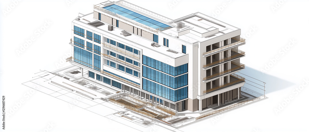 CAD-style architectural illustration of a modern hospital building under construction, with a focus on its clean white facade and blue-tinted glass panels CAD-style architectural illustration of a modern hospital building under construction, with a focus on its clean white facade and blue-tinted glass panels