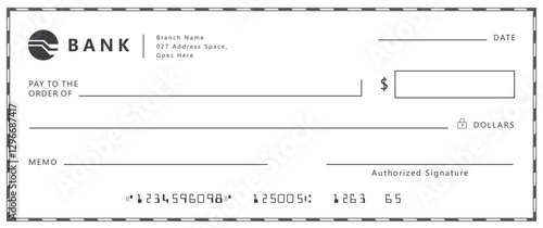 Bank check, vector blank money cheque, checkbook template with guilloche pattern and fields. Currency payment coupon, money check background