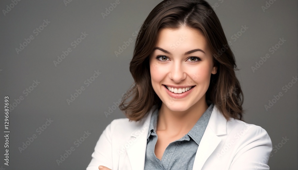 A close-up photo of a woman wearing a white lab coat. A close-up photo of a woman wearing a white lab coat.