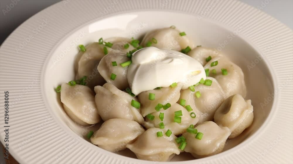 adding sour cream to a plate of hot dumplings sprinkled with fresh green onions, traditional homemade meal served in a white dish, concept of comfort food and russian cuisine adding sour cream to a plate of hot dumplings sprinkled with fresh green onions, traditional homemade meal served in a white dish, concept of comfort food and russian cuisine