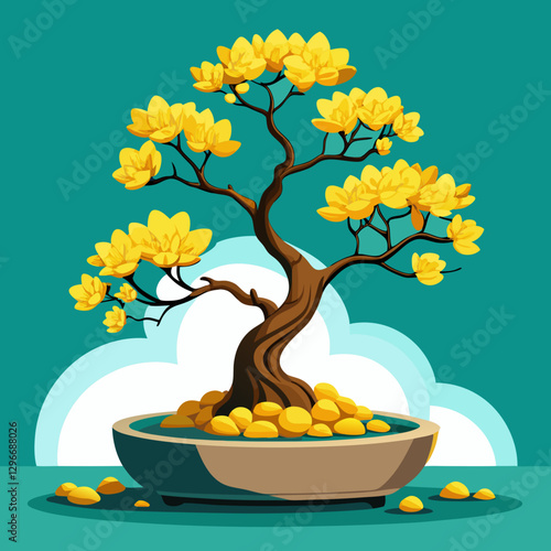 Bonsai Money Tree with Golden Coin Leaves on Teal Background in Feng Shui Style