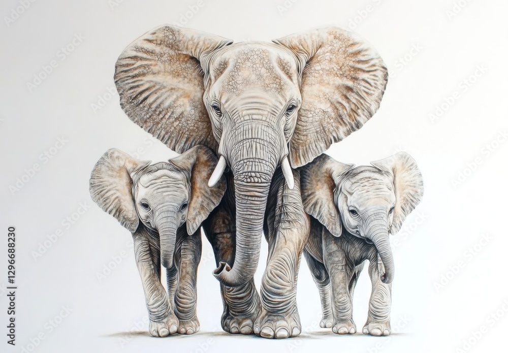 Fototapeta premium Family of Elephants with Detailed Artwork and Textures Visible