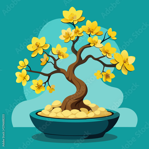 Bonsai Money Tree with Golden Coin Leaves on Teal Background in Feng Shui Style