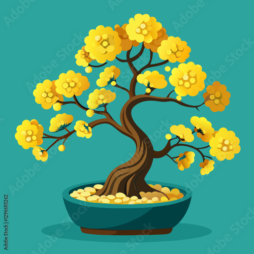 Bonsai Money Tree with Golden Coin Leaves on Teal Background in Feng Shui Style