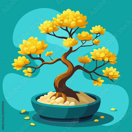 Bonsai Money Tree with Golden Coin Leaves on Teal Background in Feng Shui Style