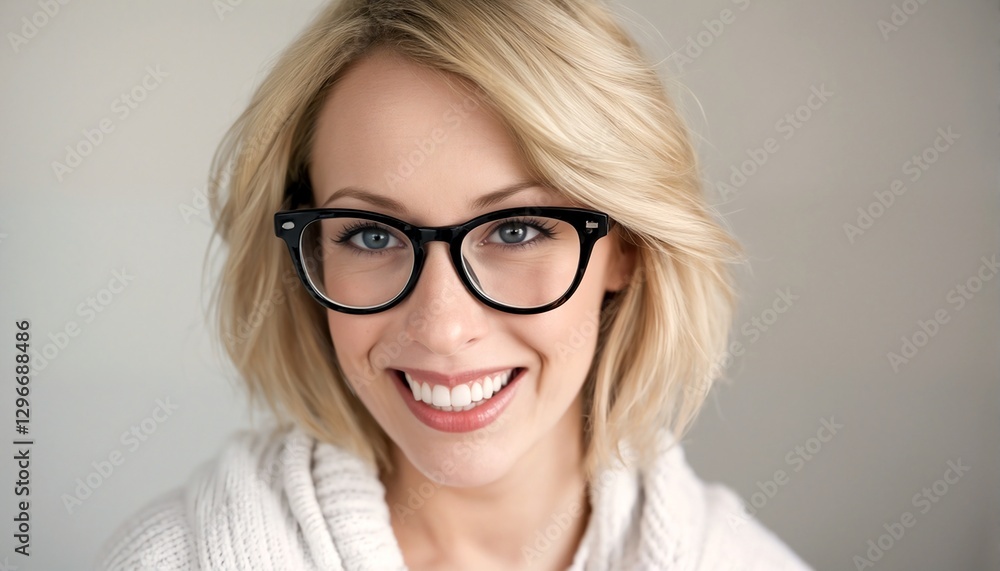 A partial portrait of a blonde woman wearing black-framed glasses. A partial portrait of a blonde woman wearing black-framed glasses.