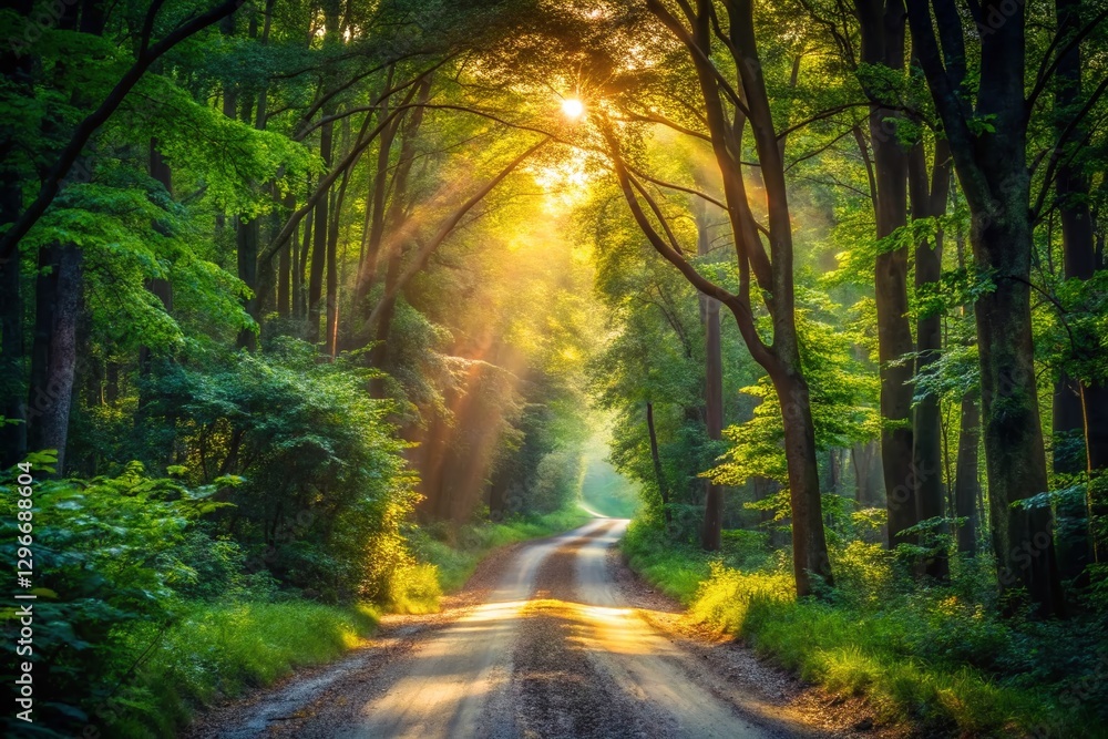 Fototapeta premium Mysterious Forest Path: Narrow Woodland Road Leading into Deep Woods