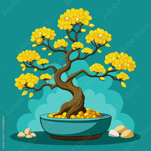 Bonsai Money Tree with Golden Coin Leaves on Teal Background in Feng Shui Style