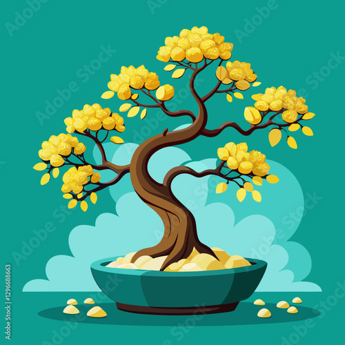 Bonsai Money Tree with Golden Coin Leaves on Teal Background in Feng Shui Style