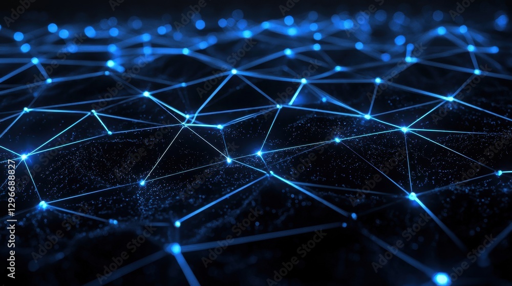 Obraz premium Abstract digital background with glowing blue network connections forming a complex web of lines and points on a dark surface illuminated by light