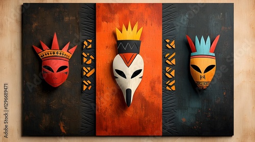 Tribal African Mask and Pattern Artwork in Deep Earthy Tones with Neutral Central Focus  Ethnic Cultural and Indigenous Inspired Digital or Graphics