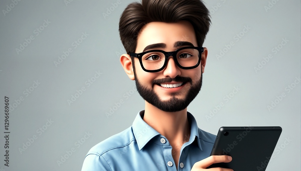 A cartoon-like illustration of an Indian man holding a tablet and wearing glasses. A cartoon-like illustration of an Indian man holding a tablet and wearing glasses.
