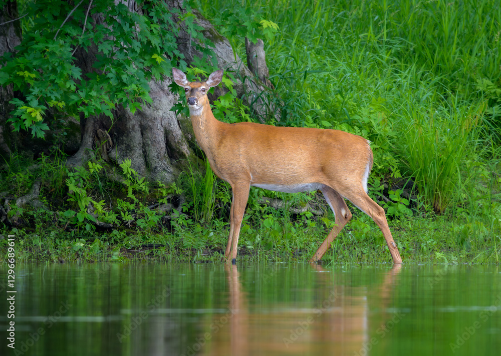 White-tailed Deer walking along edge of water looking at camera White-tailed Deer walking along edge of water looking at camera