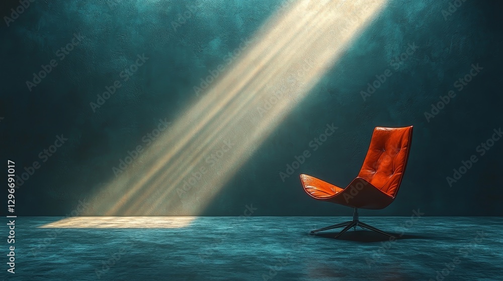 Spotlight on a modern red chair in an industrial space with dramatic lighting and minimalist design