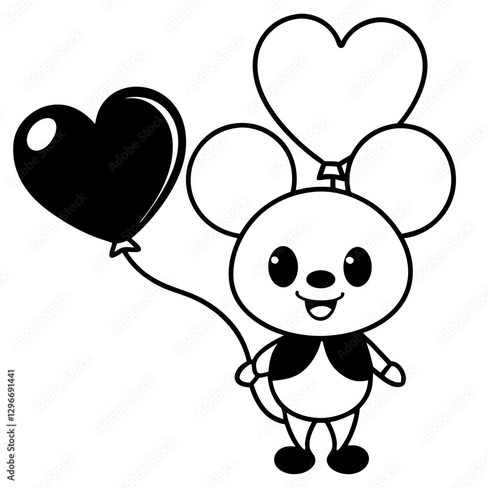 Fototapeta premium Cute Cartoon Mouse with Heart and Flower Balloons in Kawaii Black and White Line Art