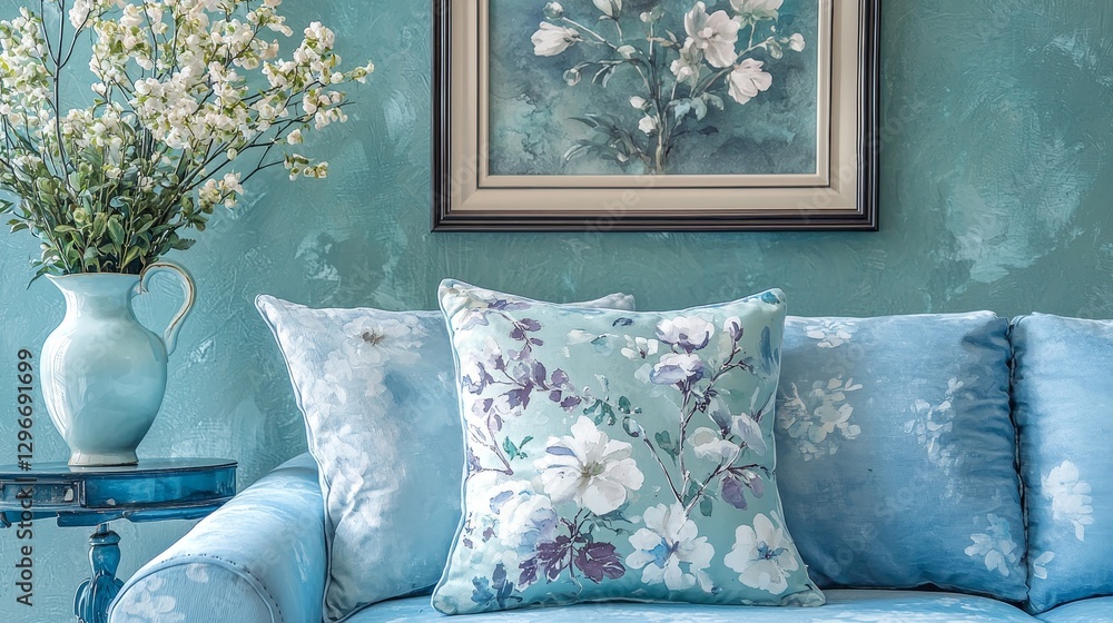 Elegant floral sofa arrangement cozy living room interior design soft colors wide angle home comfort