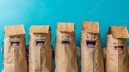 Creative expression with paper bags featuring humorous face drawings, capturing a unique way to embody different emotions in a playful and imaginative manner. photo