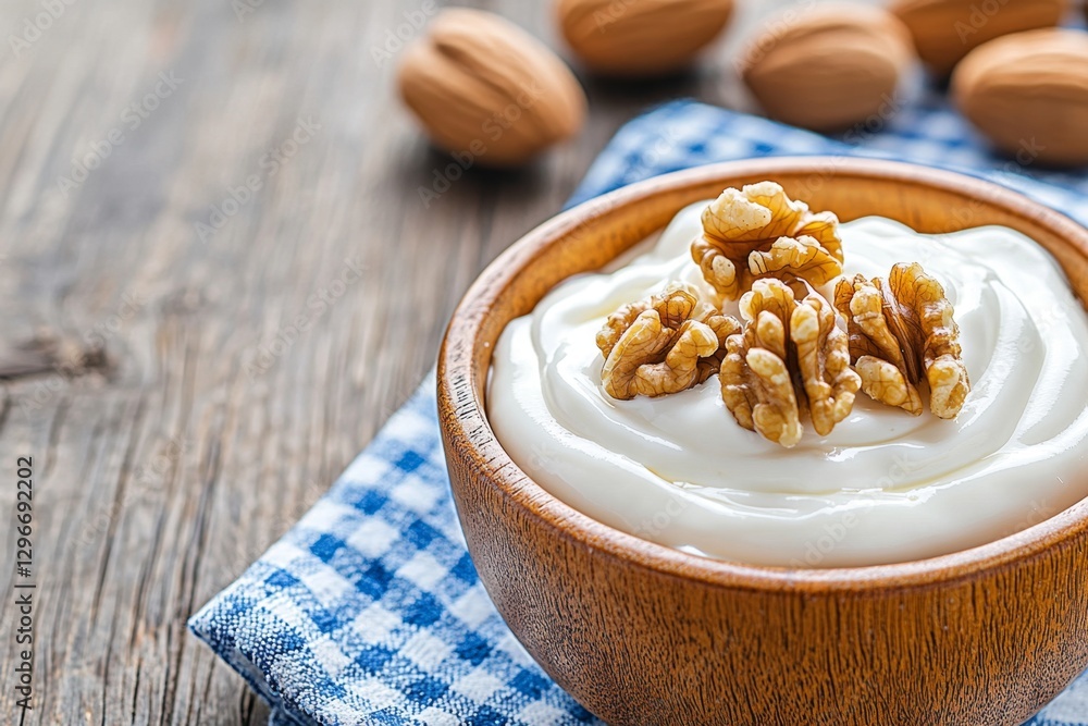 Fototapeta premium A bowl of plain yoghurt with a drizzle of honey and walnuts on top