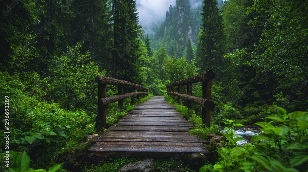 Tranquil Forest Pathway with Wooden Bridge Surrounded by Lush Green Trees and Misty Mountains, Evoking Peace and Serenity in Nature Tranquil Forest Pathway with Wooden Bridge Surrounded by Lush Green Trees and Misty Mountains, Evoking Peace and Serenity in Nature