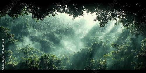 Rain Falling in Forest with Trees and Mist in Natural Setting