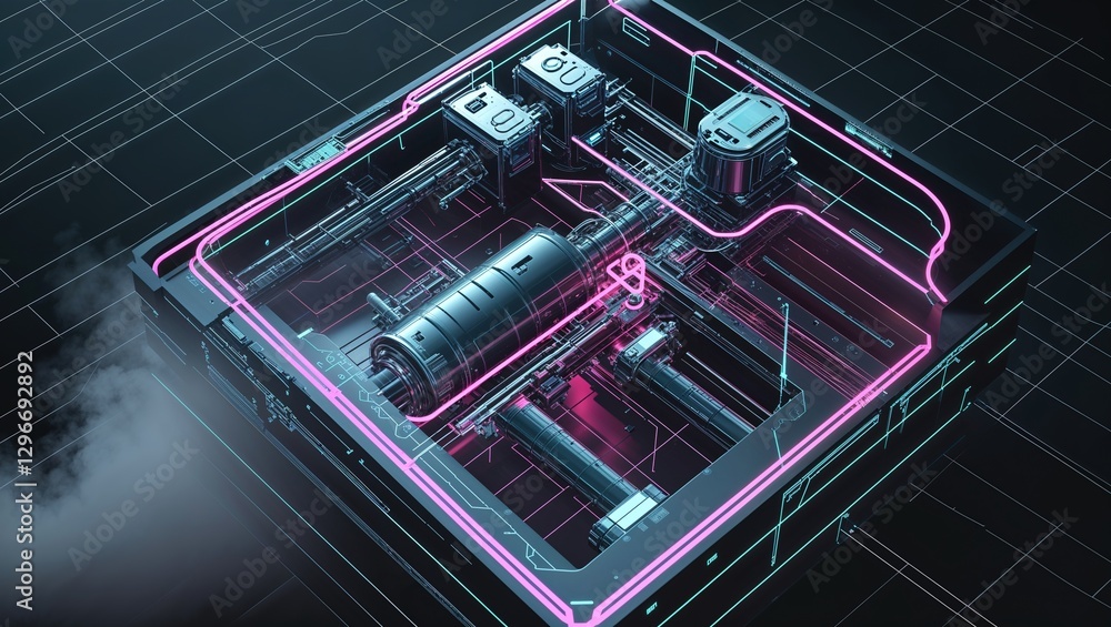 Obraz premium Intricate machinery glows with vibrant patterns against a dark background, creating a striking sci-fi atmosphere. This futuristic design showcases advanced technology and innovative elements