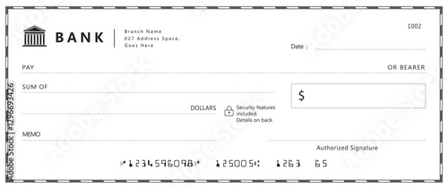 Bank check, vector blank money cheque, checkbook template with guilloche pattern and fields. Currency payment coupon, money check background