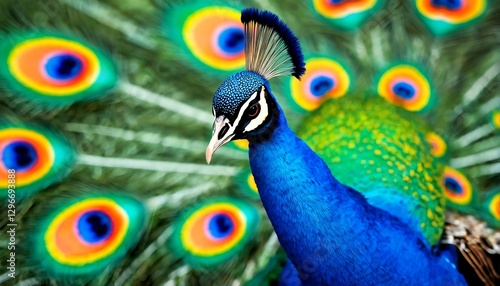 The image shows a close-up of a peacock's head and neck with its vibrant feathers spread out behind it.