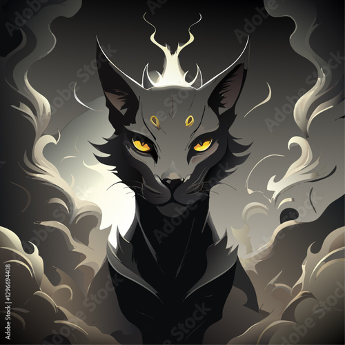  Dark Mystical Cat with Glowing Eyes and Cosmic Aura – Surreal Fantasy Illustration