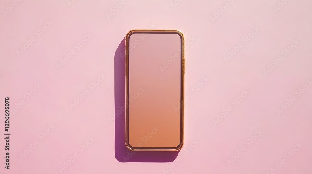 Flat lay of a smartphone with a metallic gold frame on a baby pink surface Flat lay of a smartphone with a metallic gold frame on a baby pink surface