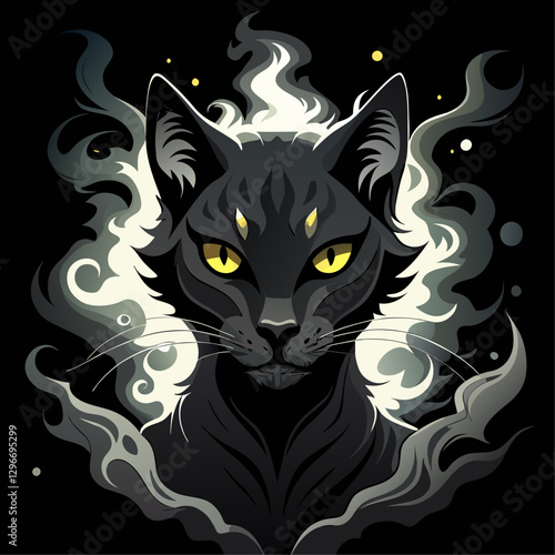  Dark Mystical Cat with Glowing Eyes and Cosmic Aura – Surreal Fantasy Illustration