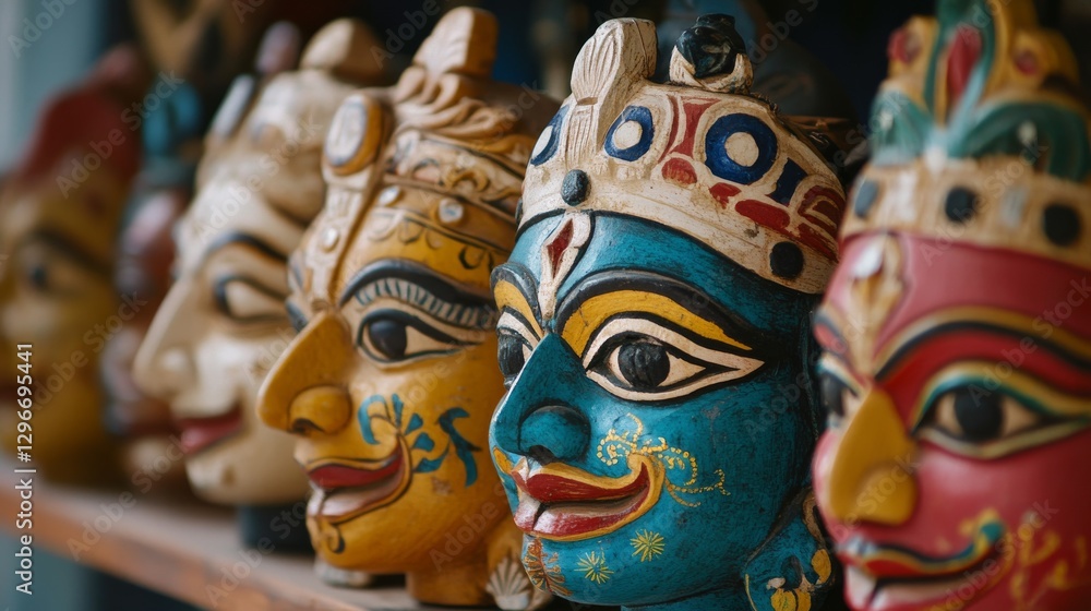 Colorful handcrafted masks displayed on a shelf, showcasing intricate designs and cultural artistry Colorful handcrafted masks displayed on a shelf, showcasing intricate designs and cultural artistry