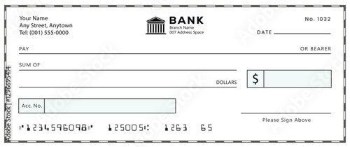 Bank check, vector blank money cheque, checkbook template with guilloche pattern and fields. Currency payment coupon, money check background