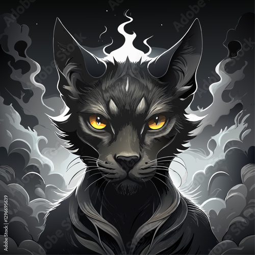  Dark Mystical Cat with Glowing Eyes and Cosmic Aura – Surreal Fantasy Illustration