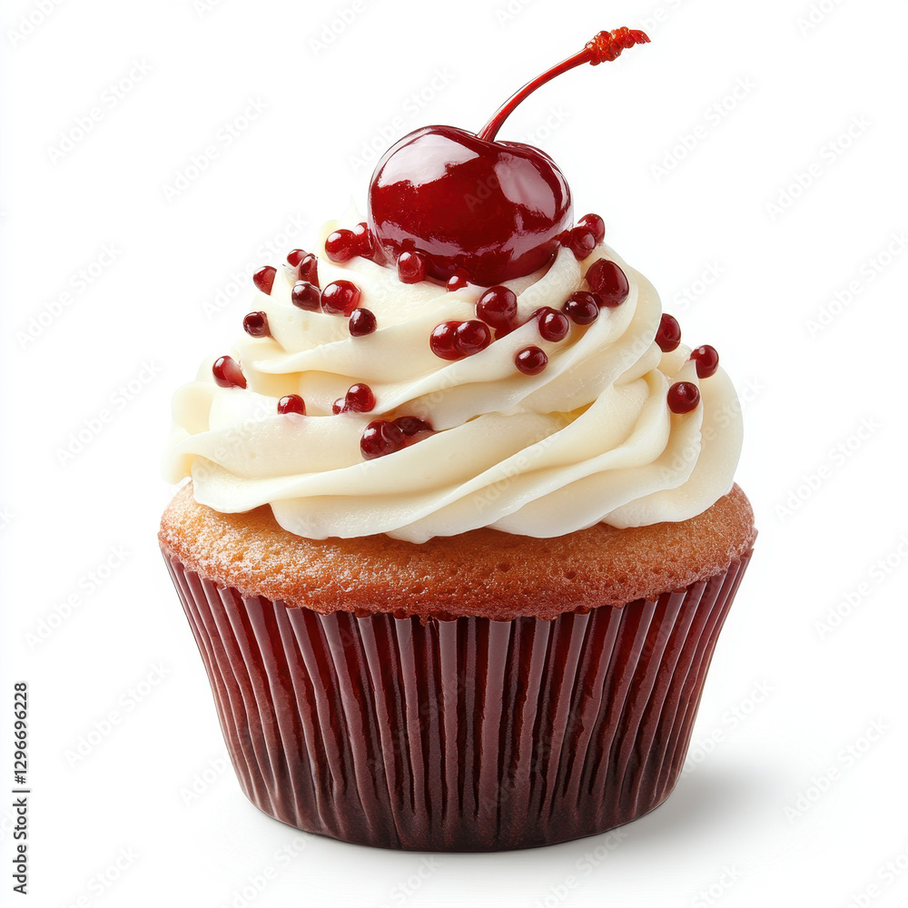 Creamy Vanilla Cupcake Topped with a Red Cherry and Sprinkles Creamy Vanilla Cupcake Topped with a Red Cherry and Sprinkles