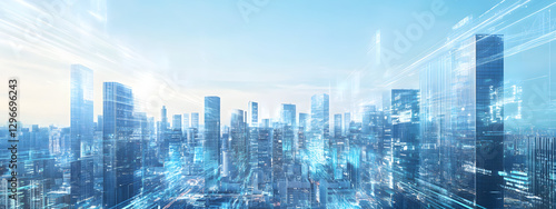 A futuristic cityscape with skyscrapers and buildings adorned in blue technology, with greenery on the roofs of some buildings
