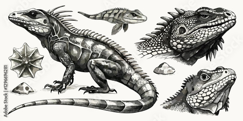 Vintage Scientific Illustration – Detailed Iguana Anatomy with Fossils and High Contrast Ink Drawing